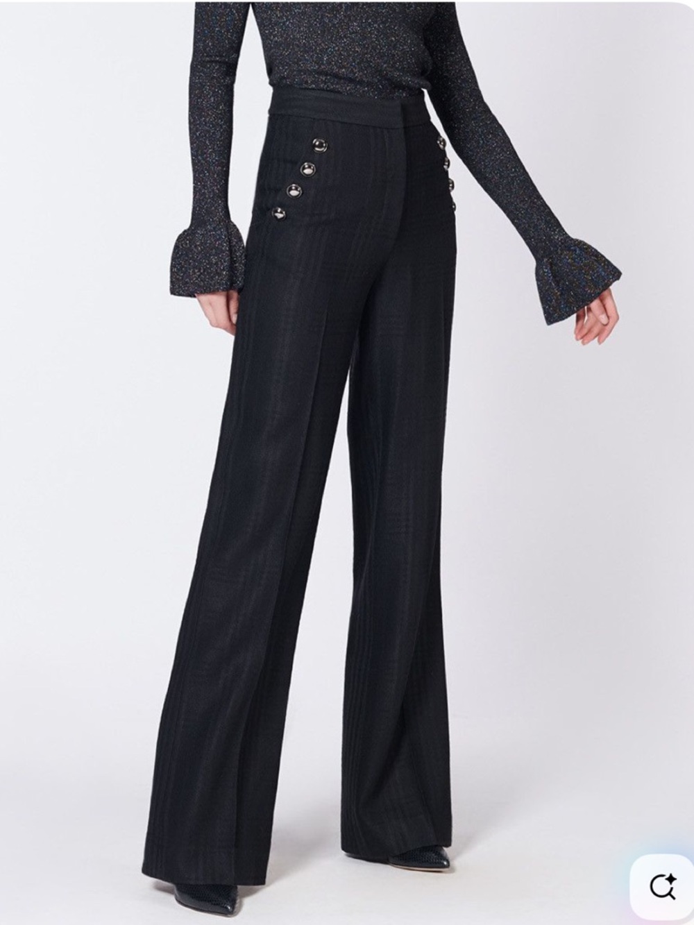 Veronica Beard Tuli Plaid Pants Black with Silver Buttons Wide Leg Size 2